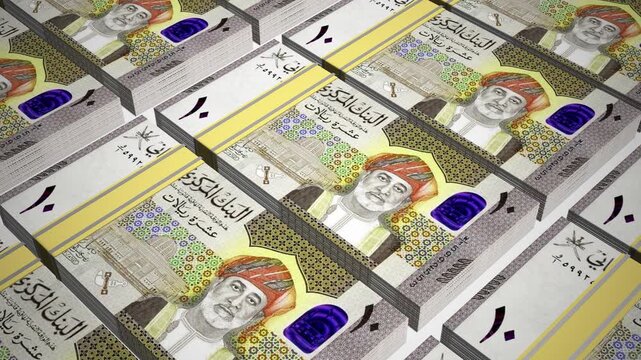 Stacks of 10 OMR or Ten Omani Rial banknotes or currency. Neat Rows of Oman 10 Rial Bank note in 3D Motion. 4k Animation.