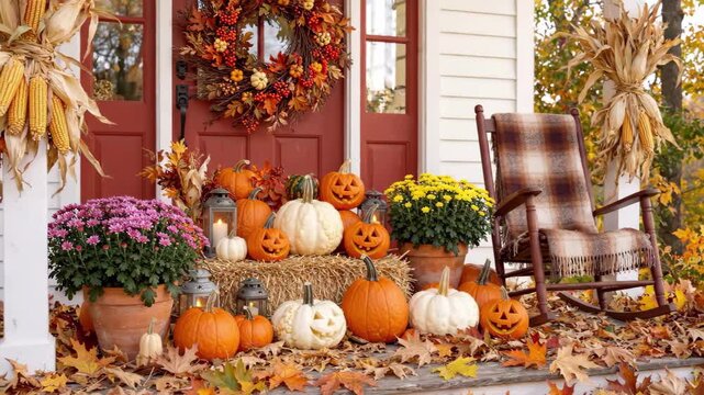 Cozy autumn porch decorated with pumpkins, mums, colorful fall leaves and a rustic chair in front of a home, creating a warm seasonal harvest scene with festive Thanksgiving and Halloween charm