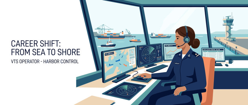 Female VTS Operator in Harbor Control Tower, Monitoring Ships on Radar and Screens
