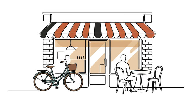 Continuous line drawing of a charming street cafe with a bicycle and seated customer.