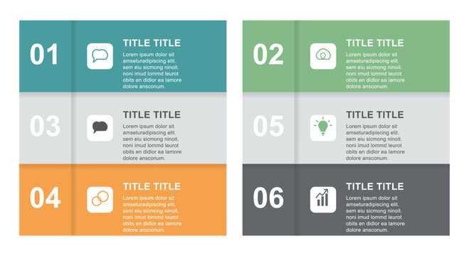 Business infographic layout design with six colorful rectangular blocks text headers icons and numbered lists for corporate process presentations