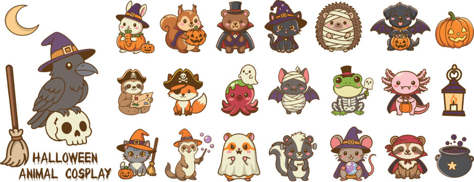 Cute Halloween Animal Cosplay Vector Illustration Set. Spooky Kawaii Animals in Costumes Bundle