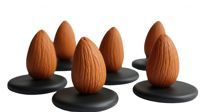 large almond nut sculptures on black coasters white background for artistic home decor or conceptual food imagery