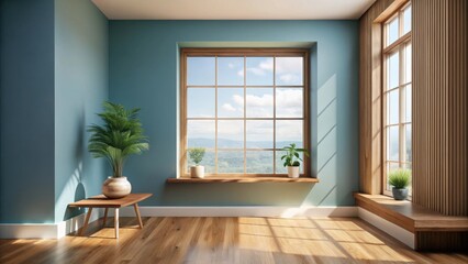 Fototapeta premium Serene Room Interior Design Featuring a Large Window with Wooden Frame and Sunlit Hardwood Floor