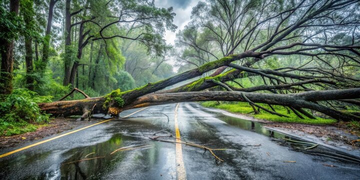 Fallen Tree Blocks Road After Storm Nature's Imposing Obstacle on Wet Asphalt