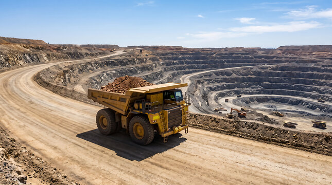 Large mining truck loaded with ore drives on dirt road in vast open pit mine with layers of earth and rock exposed under blue sky