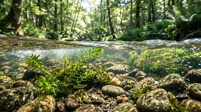 Underwater aquatic plants flowing gently over rocks in a serene forest stream