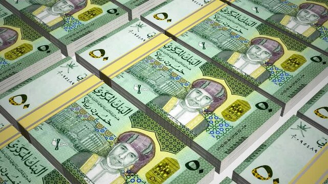 Stacks of 50 OMR or Fifty Omani Rial banknotes or currency. Neat Rows of Oman 50 Rial Bank note in 3D Motion. 4k Animation.