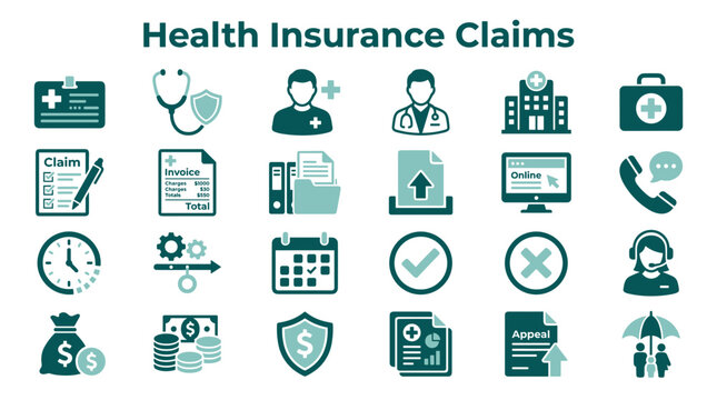Health insurance claims icons set representing medical services, finance, documents, and patient care with a modern flat design on a clean background