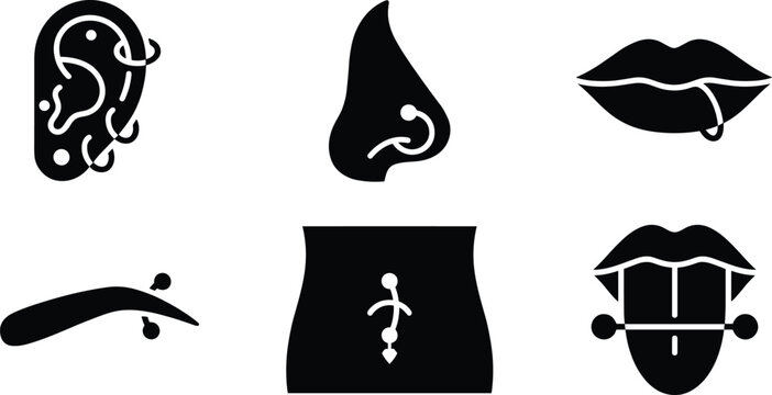 Body Piercing Silhouette Icon Set with Ear, Nose, Lip, Eyebrow, Navel, and Tongue Piercings for Tattoo and Fashion Designs
