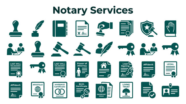 Notary Services Icons and Symbols Collection Representing Legal Documents Official Seals and Authentication for Business and Law