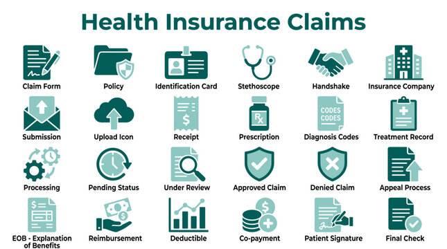 Health Insurance Claims Icons Collection for Medical and Financial Services Business Concept