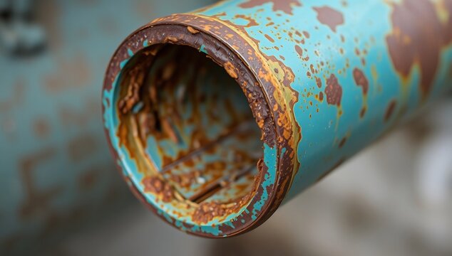 Close up of corroded teal metal pipe with visible rust damage