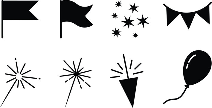 Celebration Party Silhouette Icon Set with Flags, Stars, Bunting, Sparkler, Firecracker, and Balloon for Festive Event Designs