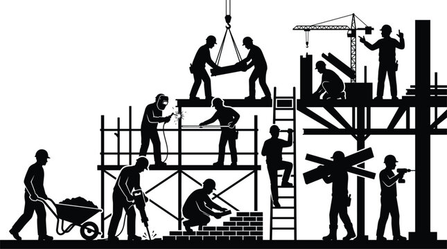 Construction workers performing various building site tasks with crane and scaffolding silhouette illustration
