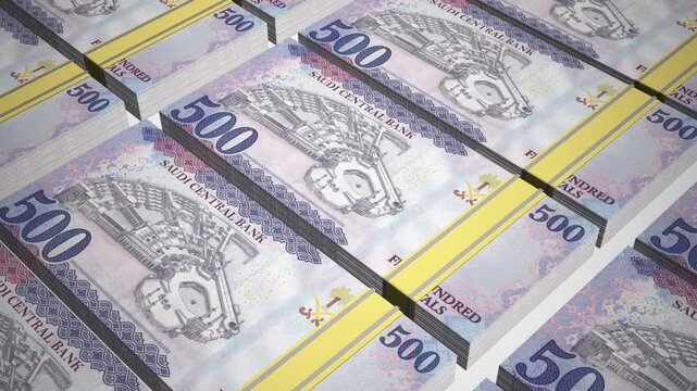 Stacks of 500 SAR or Five Hundred Saudi Arabia Riyal banknotes or currency. Neat Rows of Saudi 500 Riyal Bank note in 3D Motion. 4k Animation.