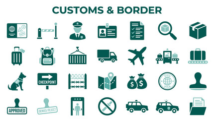 Customs and border control icons set for travel and security checkpoints, including passport, luggage, security scanner, and police car. © Iconique Studio