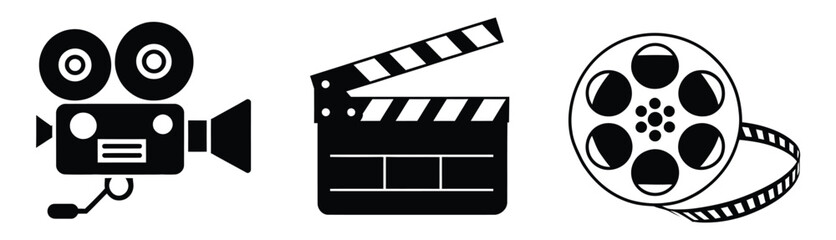 Fototapeta premium Cinema icon set, film camera, clapperboard, movie reel, projector, popcorn bucket, cinema ticket, entertainment graphics, clean editable vector design, isolated on transparent background.