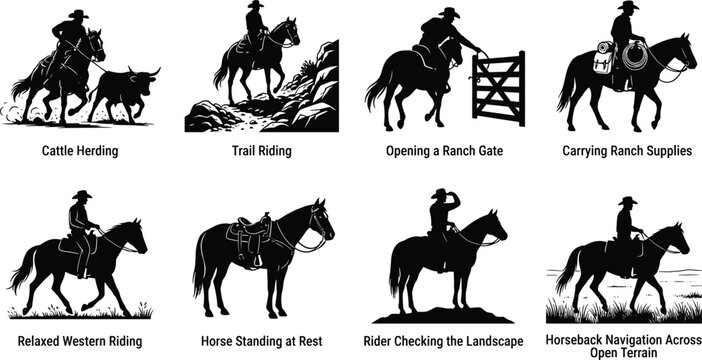 Cowboy and Horse Riding Silhouette Vector Set Featuring Western Ranch Activities Trail Riding and Cattle Herding