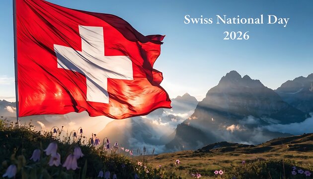 Swiss national day 2026 celebration with waving swiss flag and majestic alpine mountain landscape at sunset switzerland national celebration mountain landscape patriotism vacation