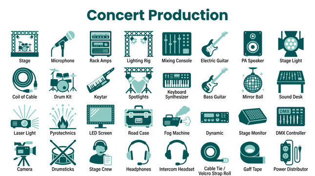 Concert Production Equipment Icons and Symbols for Live Music Events and Stage Setup Elements