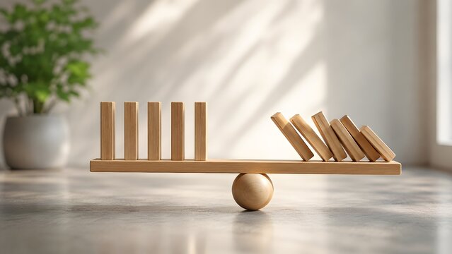 Stopping the domino effect with balance and stability. Wooden blocks on a seesaw scale demonstrating risk management, crisis intervention, and structural resilience.