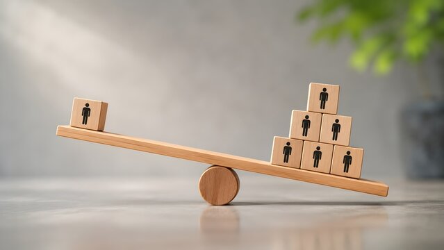 Leadership leverage and key person concept. A single wooden figure outweighing a pyramid of multiple figures on a seesaw scale.