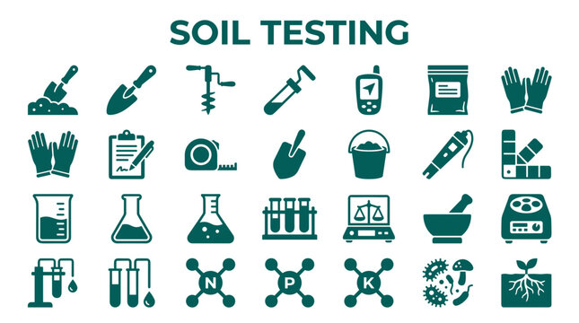 Soil testing equipment and icons for agricultural analysis, earth science, and environmental research, showcasing tools for soil sampling and nutrient measurement.