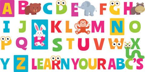 Fototapeta premium Colorful Kids Alphabet Pattern with Cute Animal Illustrations