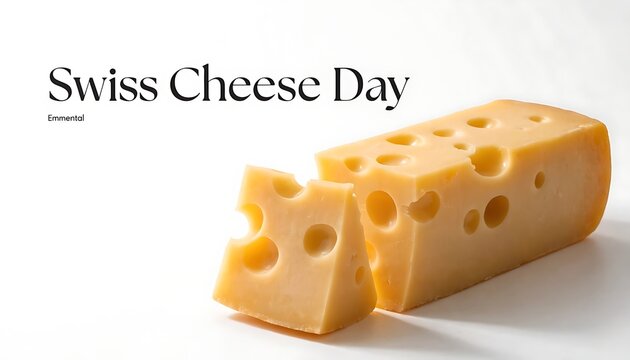 Swiss cheese day promotion with emmental cheese block and slice on white background emmental delicious culinary gastronomy commercial background minimalist isolated celebration