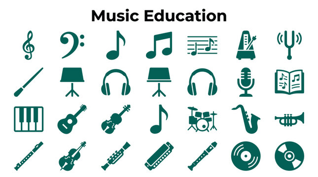 Diverse collection of musical instruments and symbols representing music education and learning