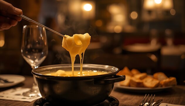 Gourmet cheese fondue being enjoyed in a dimly lit restaurant setting with melted cheese dripping from a fork restaurant stretching delicious culinary appetizer enjoyment hospitality