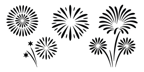 Obraz premium Firework icon set, black festive explosion symbols, celebration burst graphics, fireworks display elements, holiday decoration design, editable vector illustration