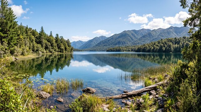 A serene lake scene with tall reeds and lush greenery reflecting mountains under a blue sky with clouds.