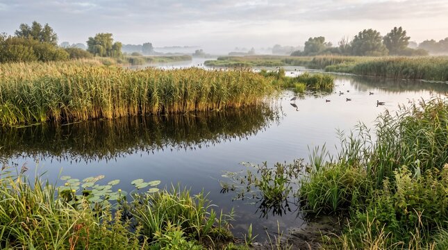 Freshwater patterns ripple over rock formations in a serene natural landscape with lush vegetation and calm waters under a cloudy sky