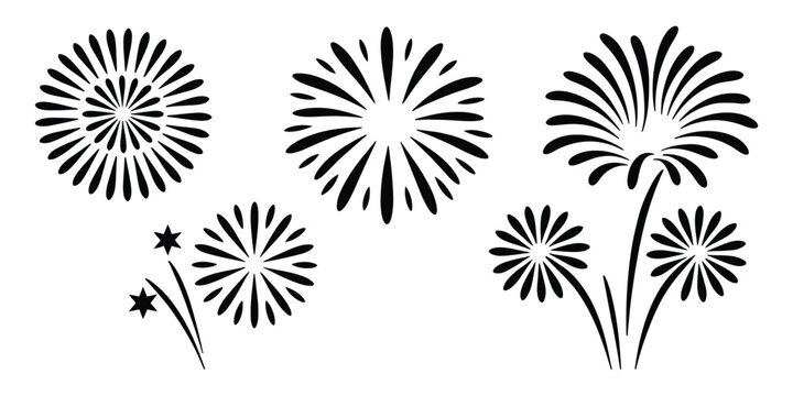 Firework icon set, black festive explosion symbols, celebration burst graphics, fireworks display elements, holiday decoration design, editable vector illustration