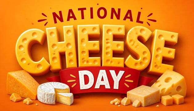 National cheese day celebratory design with 3D cheese font and assortment of cheese varieties national typography celebration background delicious culinary promotion advertising