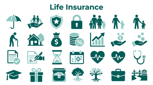 Life insurance concept icons representing family protection financial security and future planning with symbols of home health and savings
