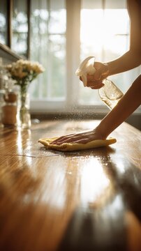 Woman's hand cleaning a wooden table with a spray bottle and cloth. Person sprays cleaning solution onto polished wooden surface wipes it with yellow microfiber cloth, creating sparkling clean finish