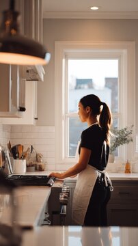 Woman in apron cleaning kitchen stove with sunlight streaming through window. A woman wearing an apron is diligently cleaning a kitchen stove as natural light illuminates the scene