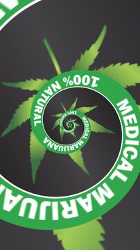 Seamless vertical video of a Cannabis leaf with text pattern swirl. Geometric graphic spiral with a psychedelic look.