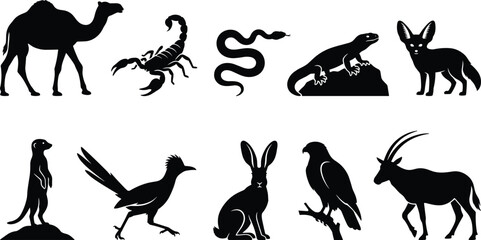 Desert wildlife silhouette collection featuring camel, scorpion, snake, fox, and other arid region animals © Sabbir's World