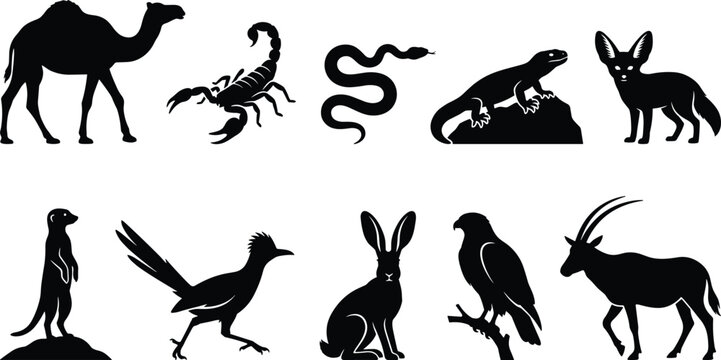 Desert wildlife silhouette collection featuring camel, scorpion, snake, fox, and other arid region animals