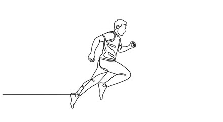 Fototapeta premium Continuous line drawing of a man running in a dynamic sprinting pose on white background