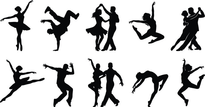 Dynamic dance silhouettes featuring ballet, hip-hop, salsa, and contemporary dancers in expressive poses