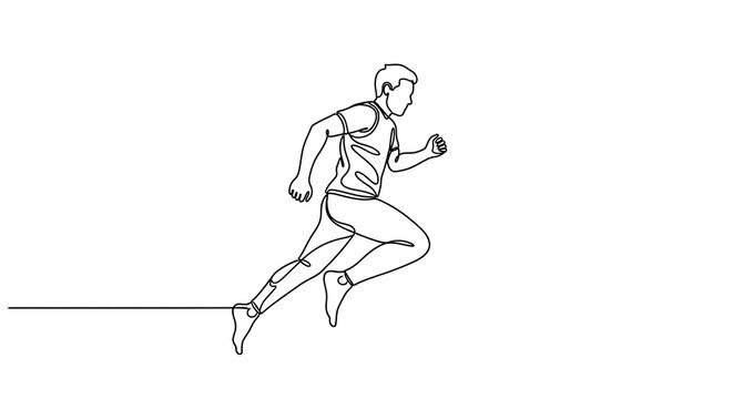 Continuous line drawing of a man running in a dynamic sprinting pose on white background
