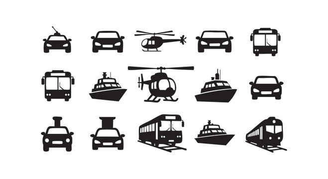 Public transport icons featuring front and side view of cars buses trains helicopters and motorboats for mobile app ui.