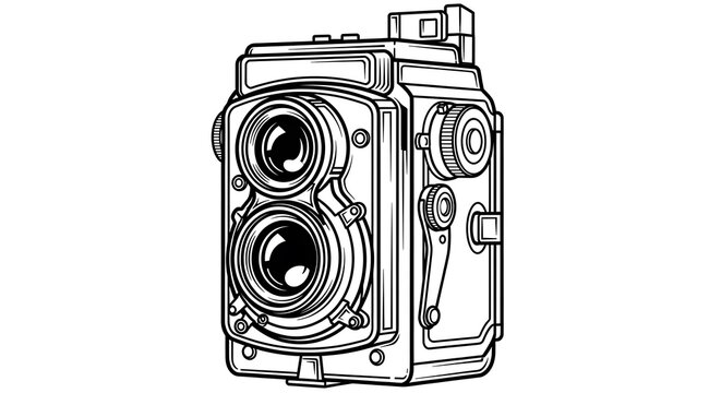 Clean line art illustration of a vintage twin lens reflex camera isolated on a white background