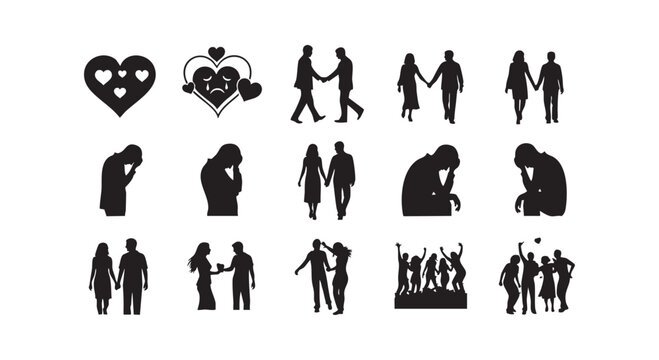 Sadness man and woman silhouette icon set flat vector illustration, upset black symbol for element design.