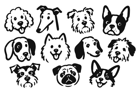 Dog Breed Faces Doodle Set Vector Illustration